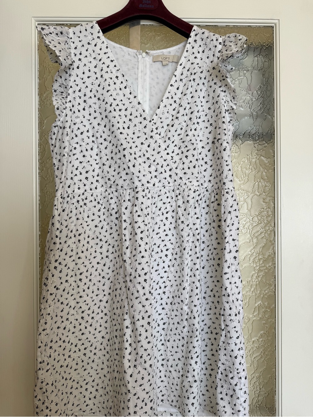 LOFT White Dress with Black Floral Dot Print and Ruffle Sleeves